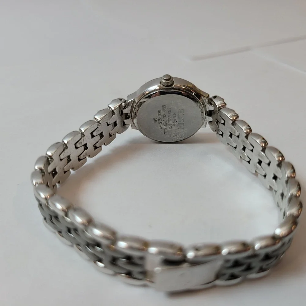 Elgin Wristwatch Women Silver Tone Crystal‎ Bezel Glitter Dial EL877-017 Vintage